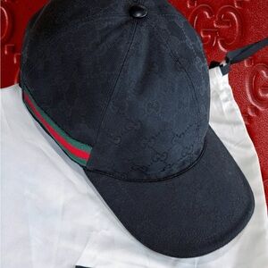 Gucci Black GG Monogram Baseball Cap w Green & Red Web Stripe & Dusty Sz Small